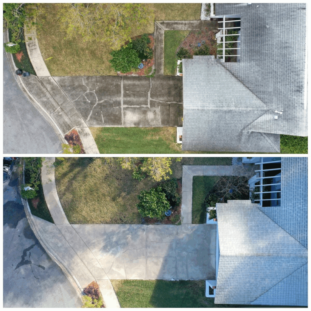 Removing mold and mildew from a roof with Neilson Cleaning’s soft washing technique, restoring the home’s exterior.